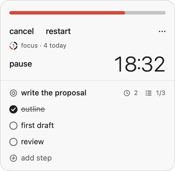 The Tomette panel with the task “write the proposal”, two focus sessions, and three steps: outline (checked), first draft and review.